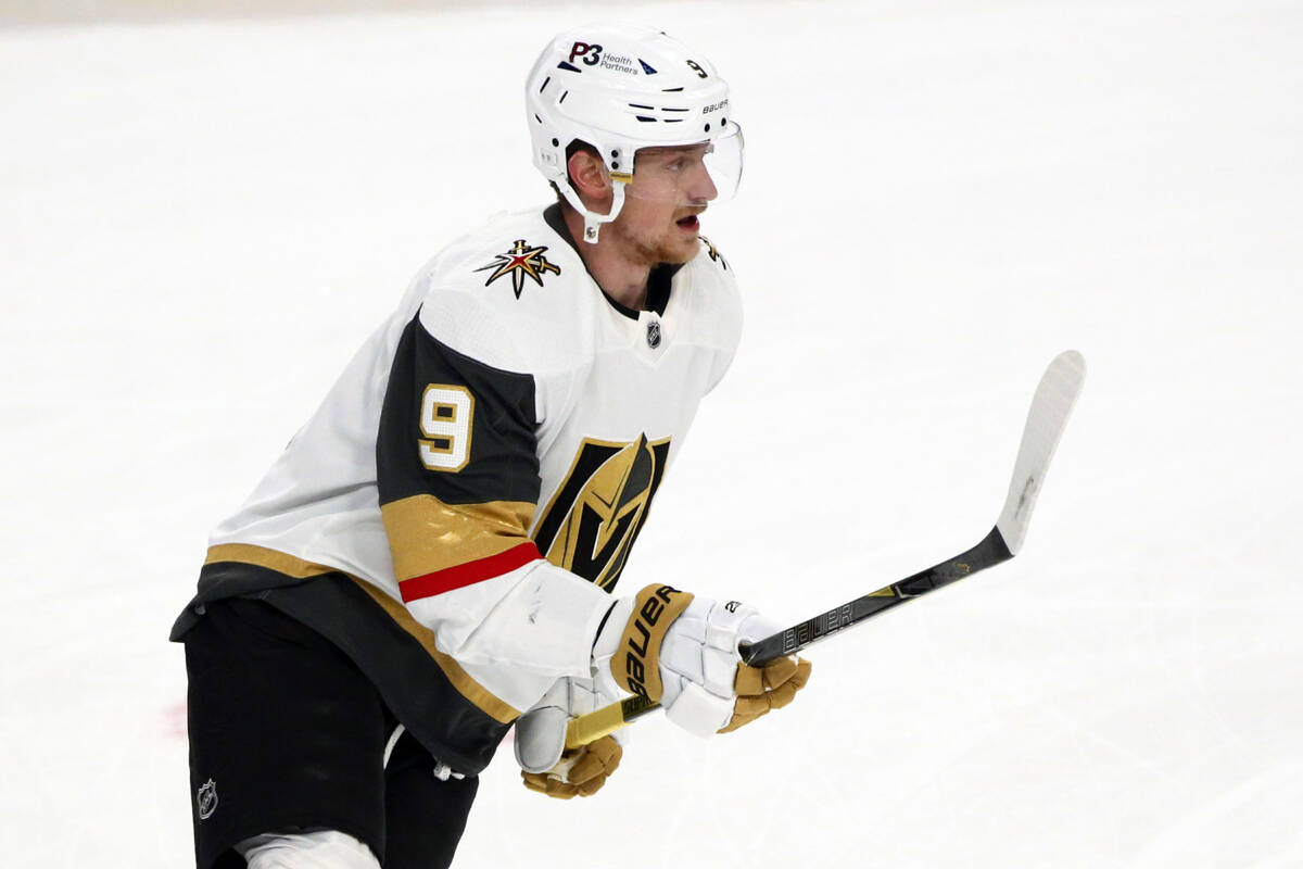 Vegas Golden Knights center Jack Eichel (9) warms up prior an NHL hockey game against the Buffa ...