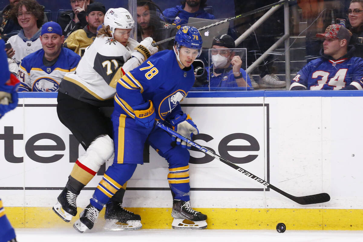 Vegas Golden Knights center William Karlsson (71) and Buffalo Sabres defenseman Jacob Bryson (7 ...