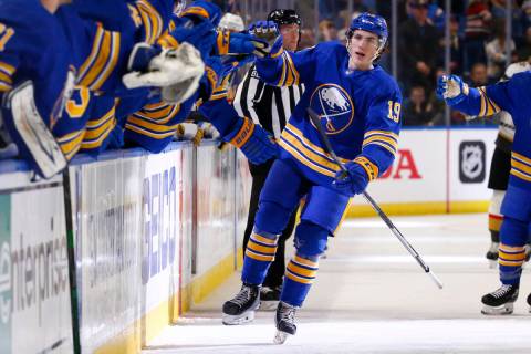 Buffalo Sabres center Peyton Krebs (19) celebrates after his goal during the first period of an ...