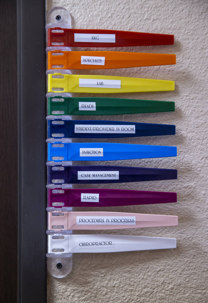 Outside each exam room is a variety of markers to be used within the Huntridge Family Clinic. ( ...
