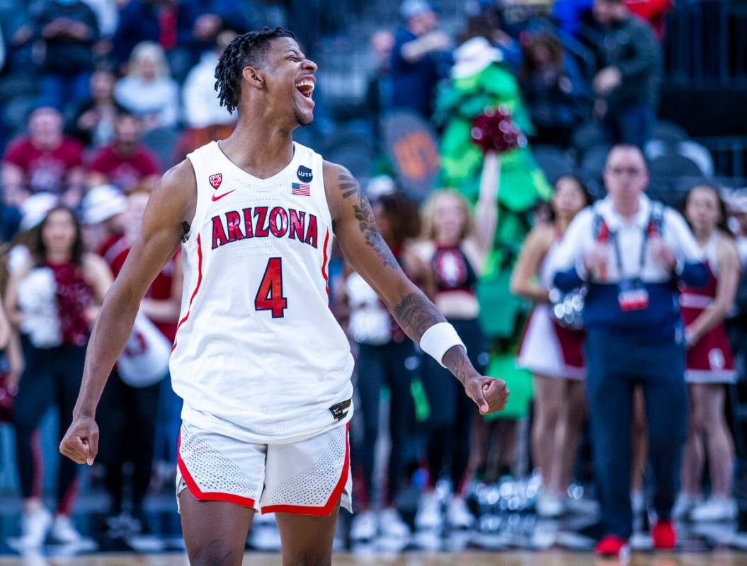 Arizona Wildcats guard Dalen Terry (4) celebrates their win over the Stanford Cardinals followi ...