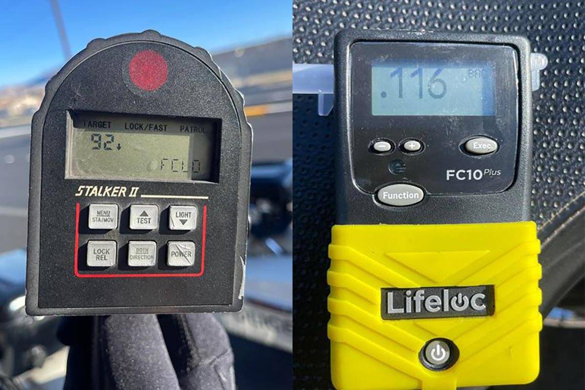 A speed gun shows 92 mph while a breathalyzer shows a blood alcohol level of 0.116, above the l ...
