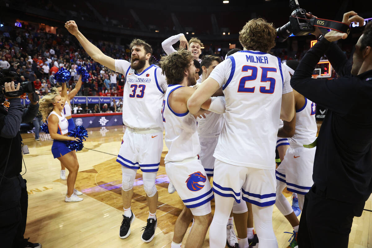 Boise State Broncos celebrate their win against San Diego State Aztecs in the Mountain West Con ...