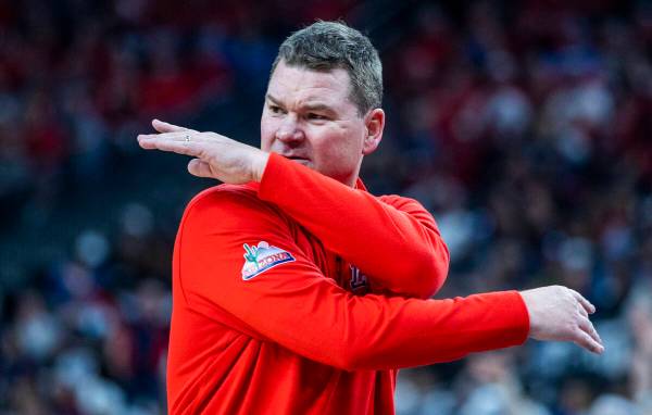 Arizona Wildcats head coach Tommy Lloyd is displeased with a foul call versus the UCLA Bruins d ...