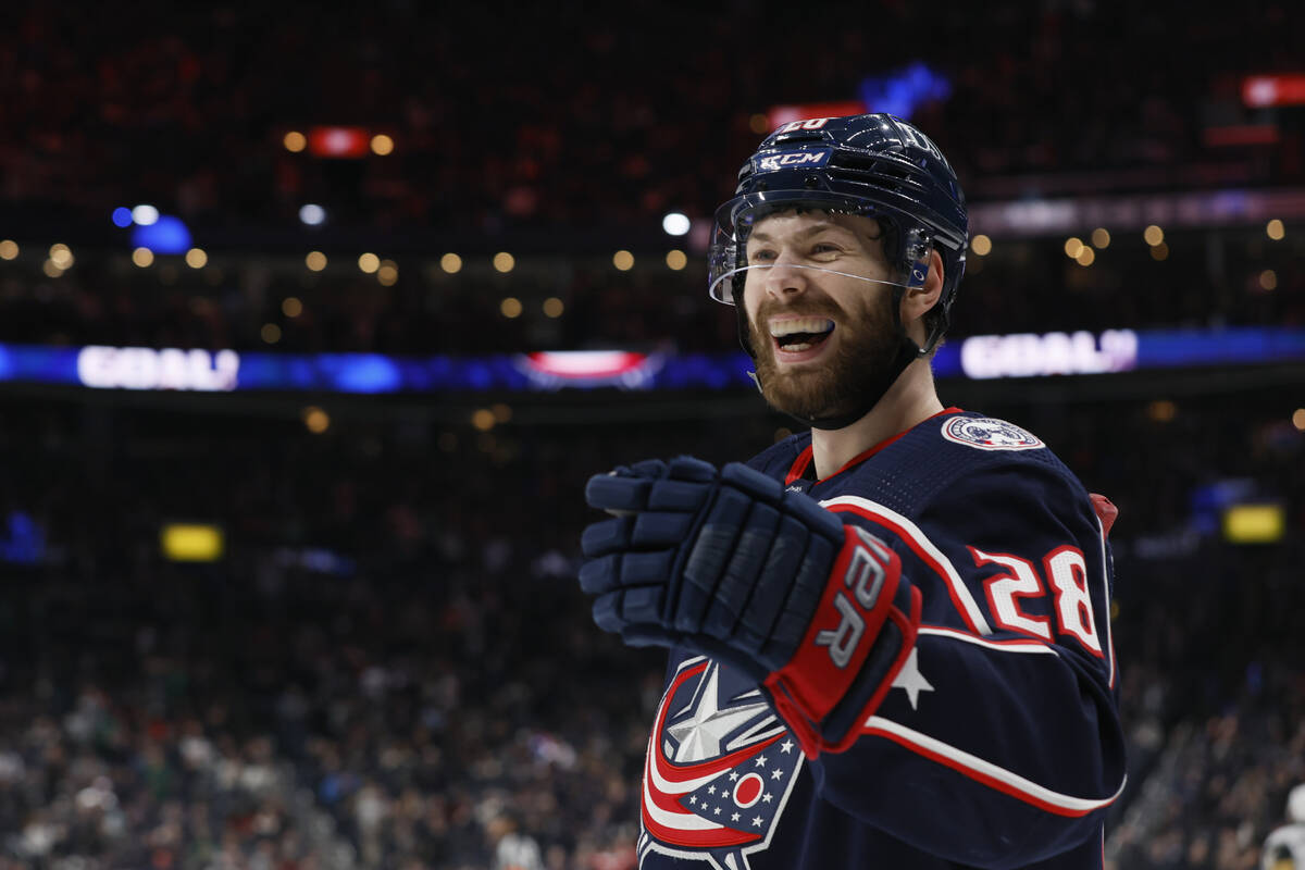 Columbus Blue Jackets' Oliver Bjorkstrand celebrates his goal against the Vegas Golden Knights ...