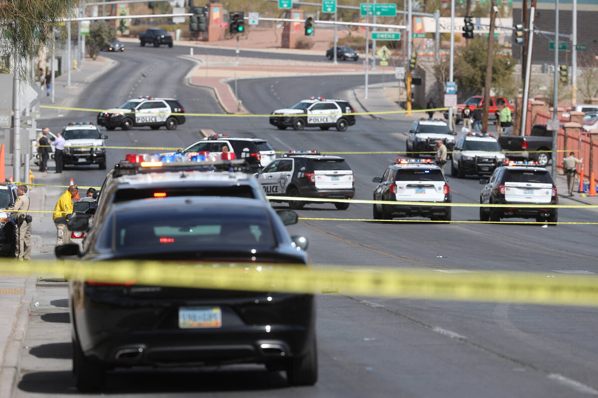 Las Vegas police investigate an officer-involved shooting near North Main Street and Foremaster ...