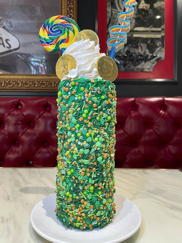 The Lucky Leprechaun milkshake at Sugar Factory is made with vanilla and coffee ice creams spik ...