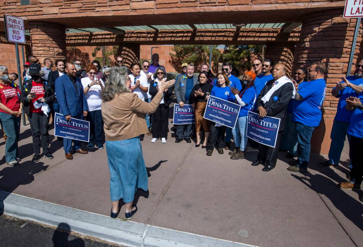 Rep. Dina Titus, D-Nev., speaks to supporters as she arrives to file for re-election at the Cla ...