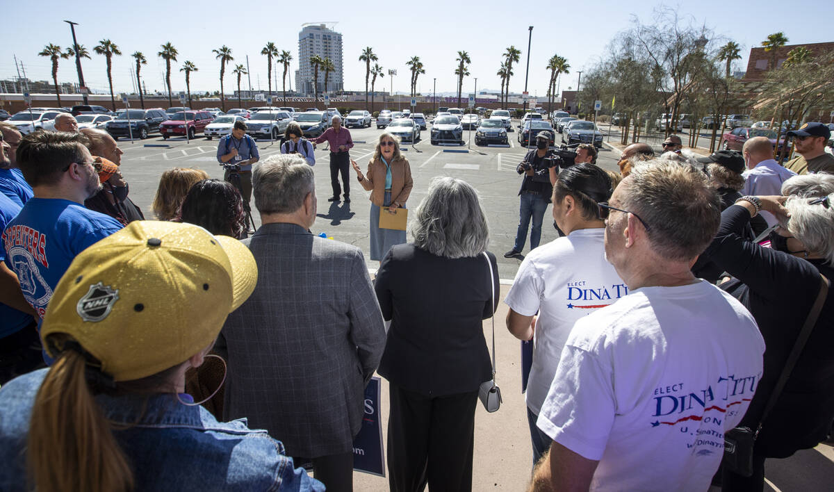 Rep. Dina Titus, D-Nev., speaks to supporters as she arrives to file for re-election at the Cla ...