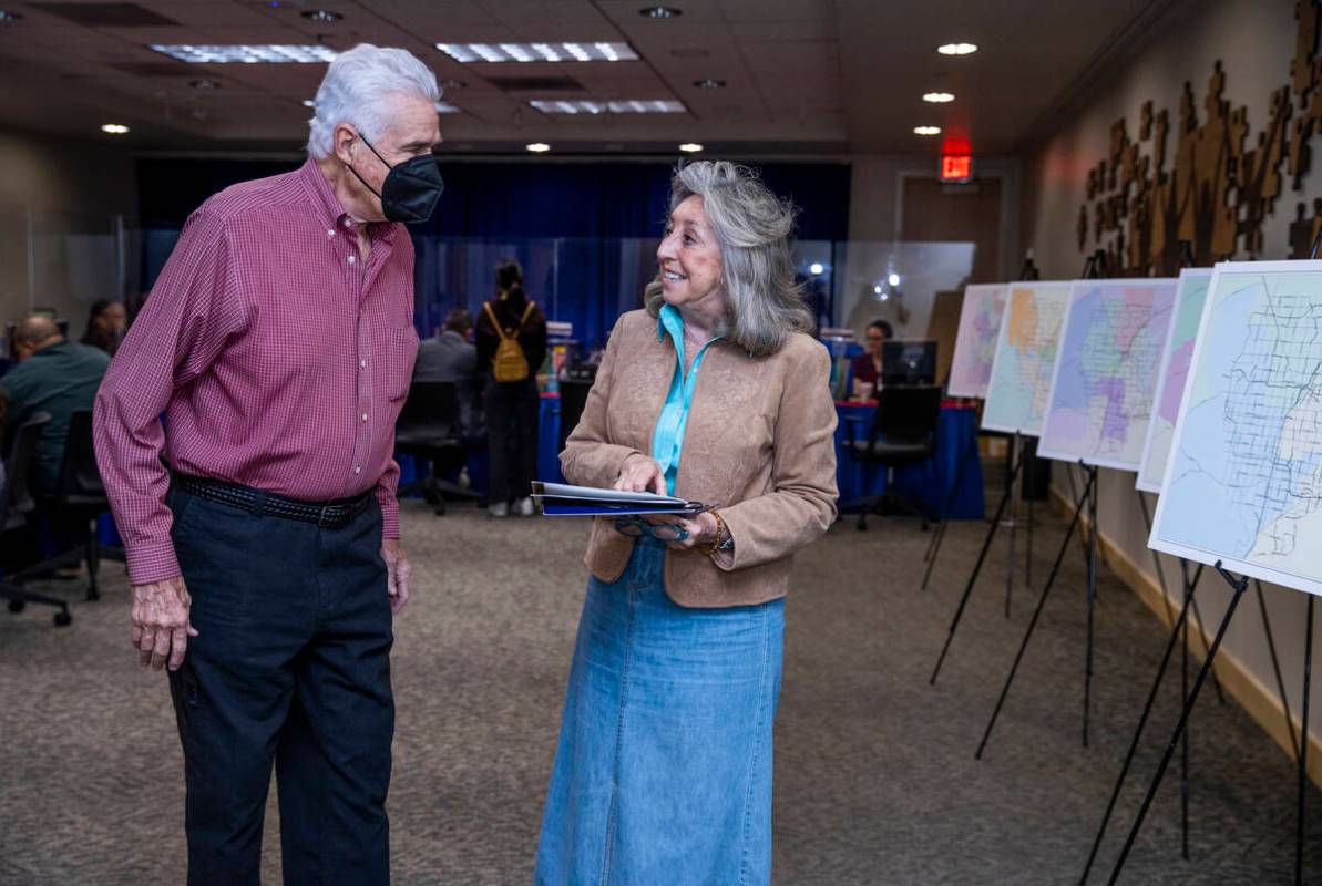 Rep. Dina Titus, D-Nev., right, chats with her husband Thomas C. Wright after filing for re-ele ...