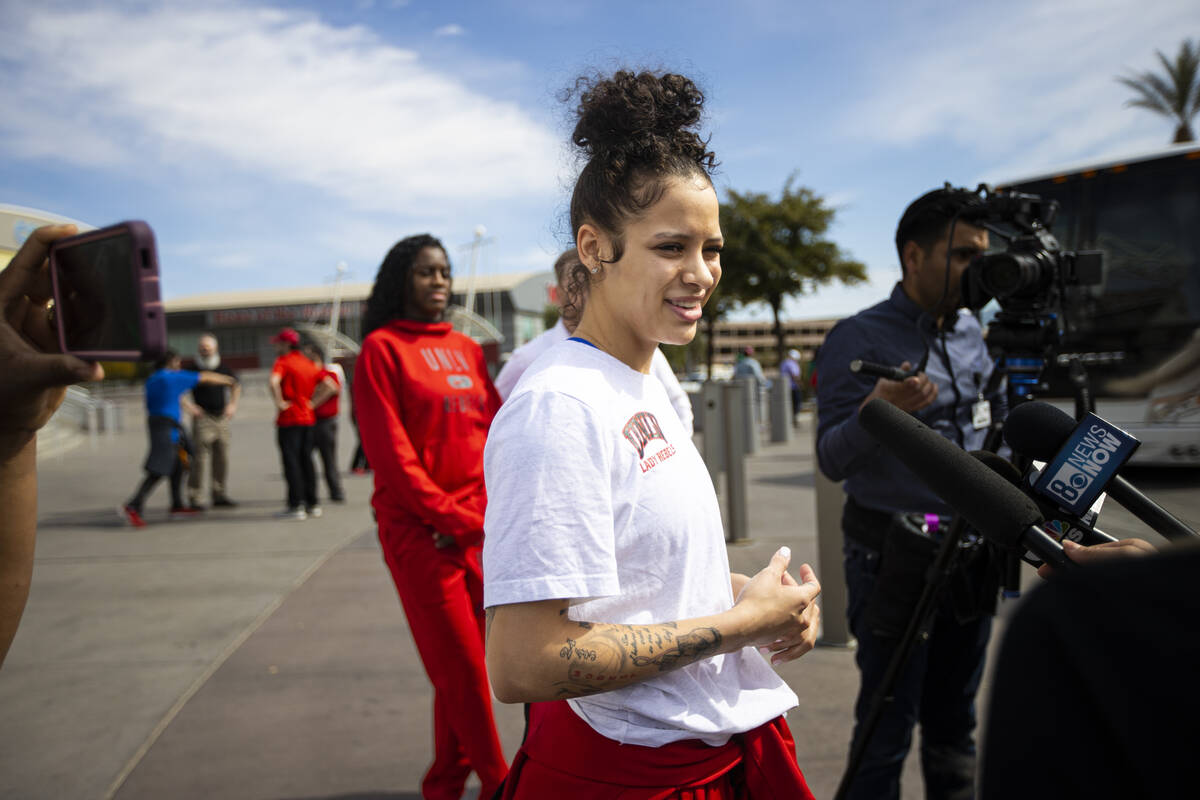 UNLV Lady Rebels guard Essence Booker speaks with members of the media before heading to Tuscon ...