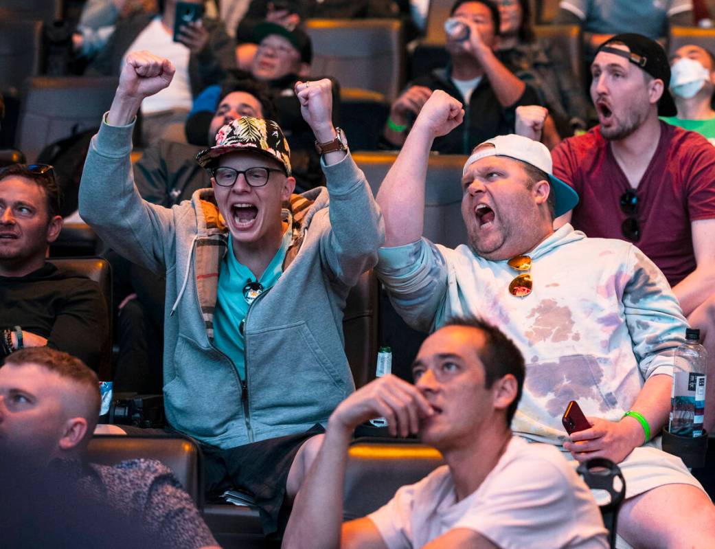 Max Shapiro, left, and his brother Andrew, both of St. Louis, Mo., react to a game being played ...