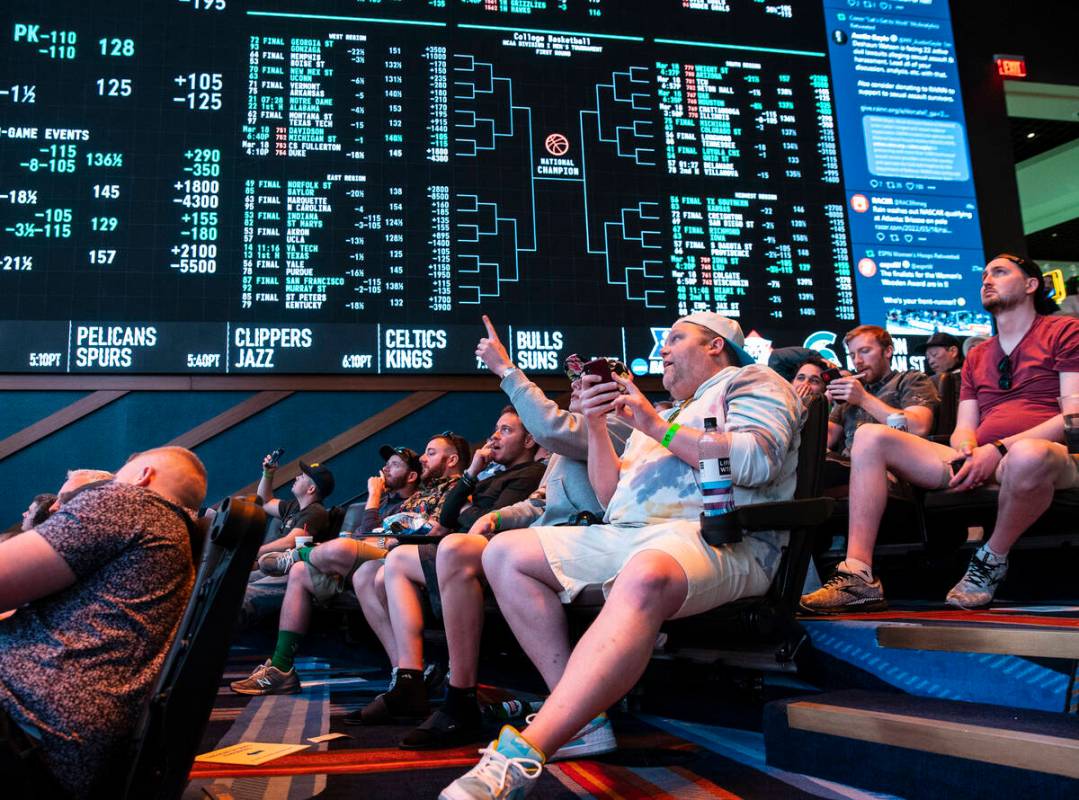 Max Shapiro, center left, and his brother Andrew, both of St. Louis, Mo., react to a game being ...