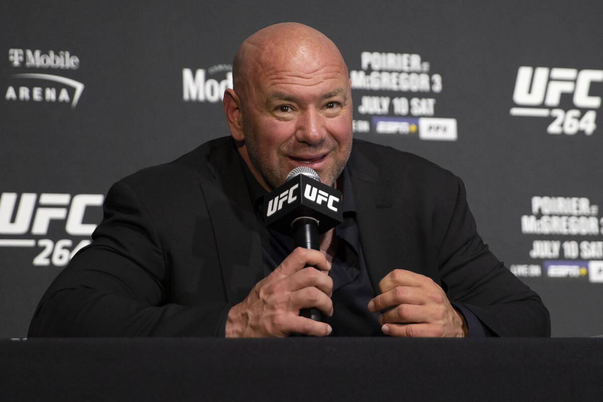 UFC president Dana White answers questions during a news conference at T-Mobile Arena in July 2 ...