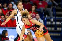 UNLV forward Nneka Obiazor (45) reacts alter being fouled by Arizona forward Sam Thomas (14) du ...