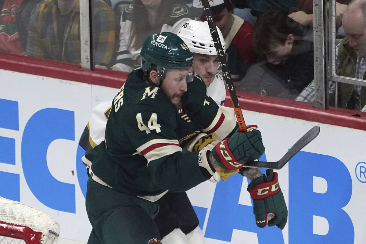 Newly acquired Minnesota Wild player Nicolas Deslauriers, left, and Vegas Golden Knights' Brade ...