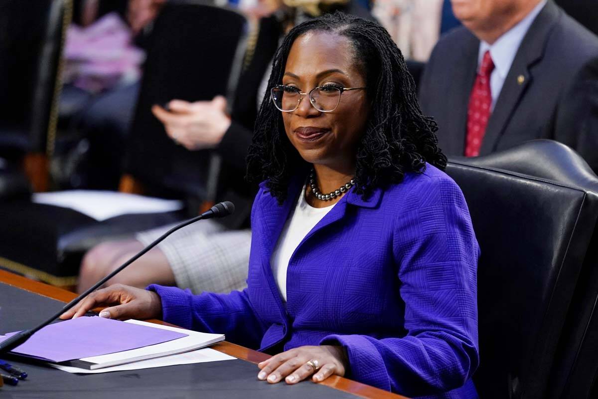 Supreme Court nominee Judge Ketanji Brown Jackson takes her seat before the start of her confir ...