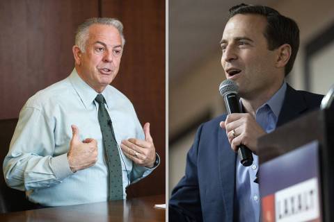 Joe Lombardo, left, leads the Republican primary for governor and Adam Laxalt has a commanding ...