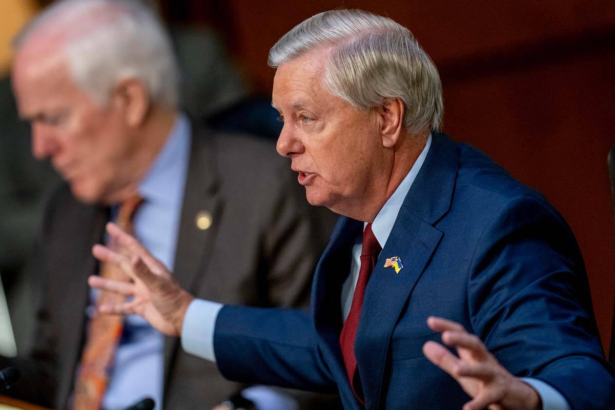 Sen. Lindsey Graham, R-S.C., right, accompanied by Sen. John Cornyn, R-Texas, left, questions S ...