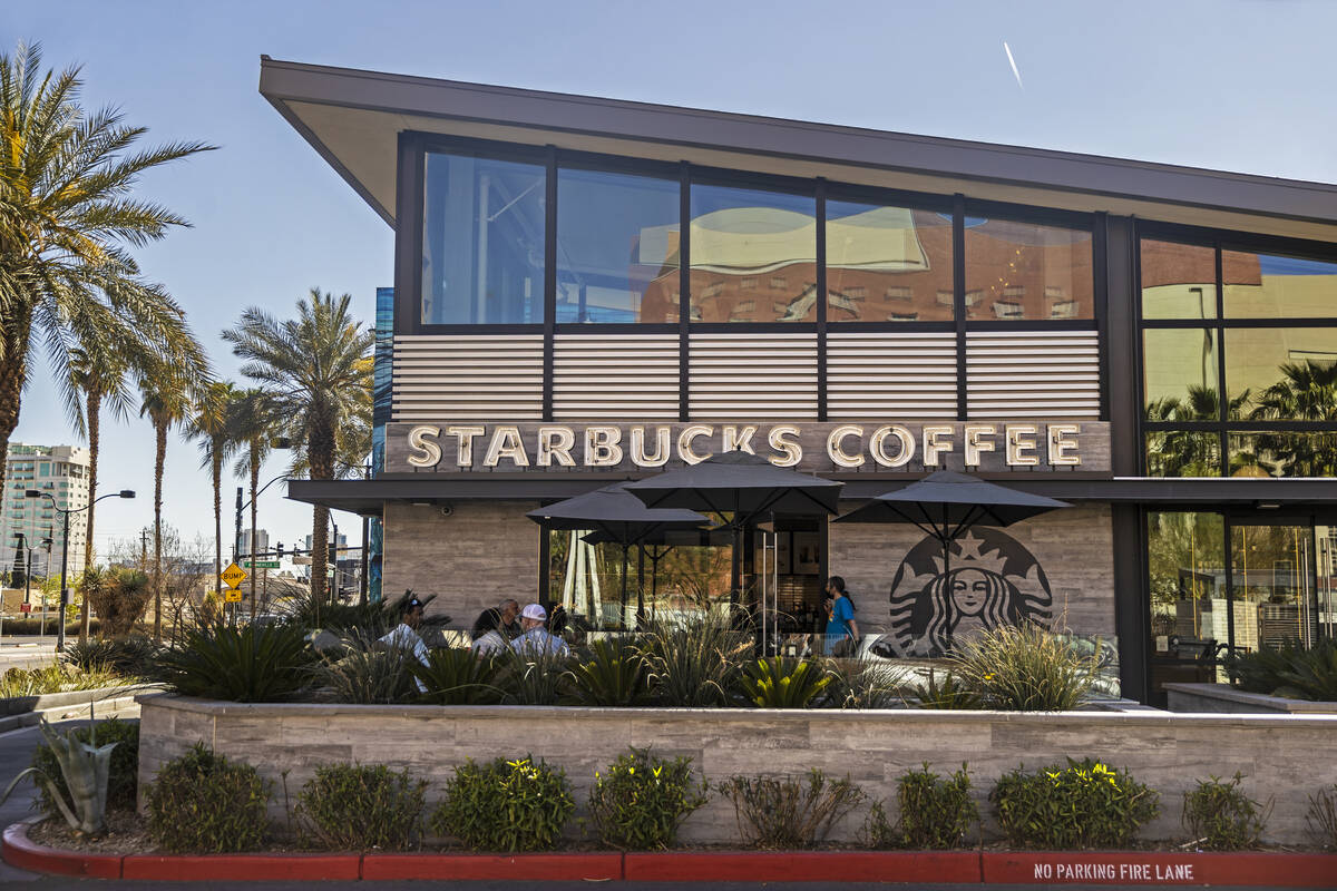 The Starbucks at 122 East Clark Avenue on Wednesday, March 23, 2022, in downtown Las Vegas. (Be ...