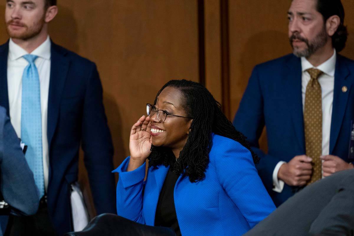 Supreme Court nominee Ketanji Brown Jackson speaks with Senators as she departs following her S ...