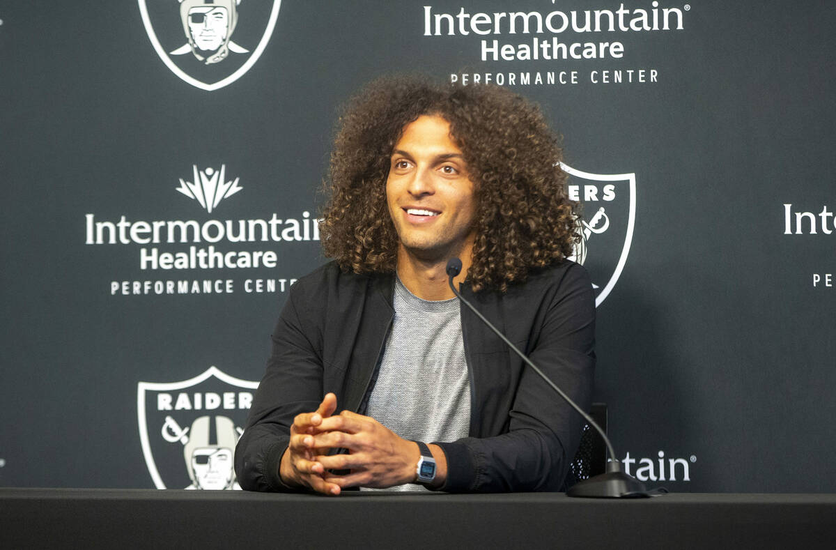Raiders wide receiver Mack Hollins Is introduced during a news conference at the Raiders headqu ...