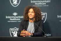 Raiders wide receiver Mack Hollins Is introduced during a news conference at the Raiders headqu ...