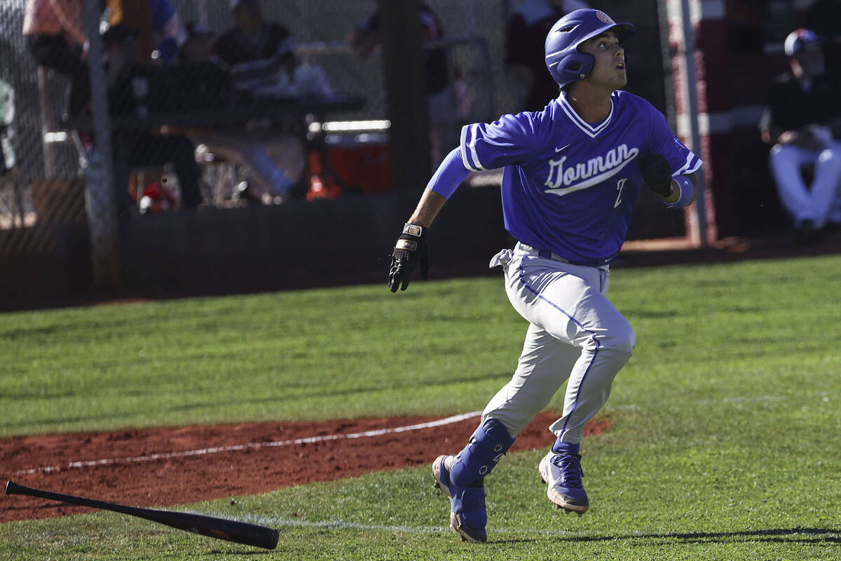 Bishop Gorman second baseman Maddox Riske (2) runs before being forced out by Cimarron-Memorial ...