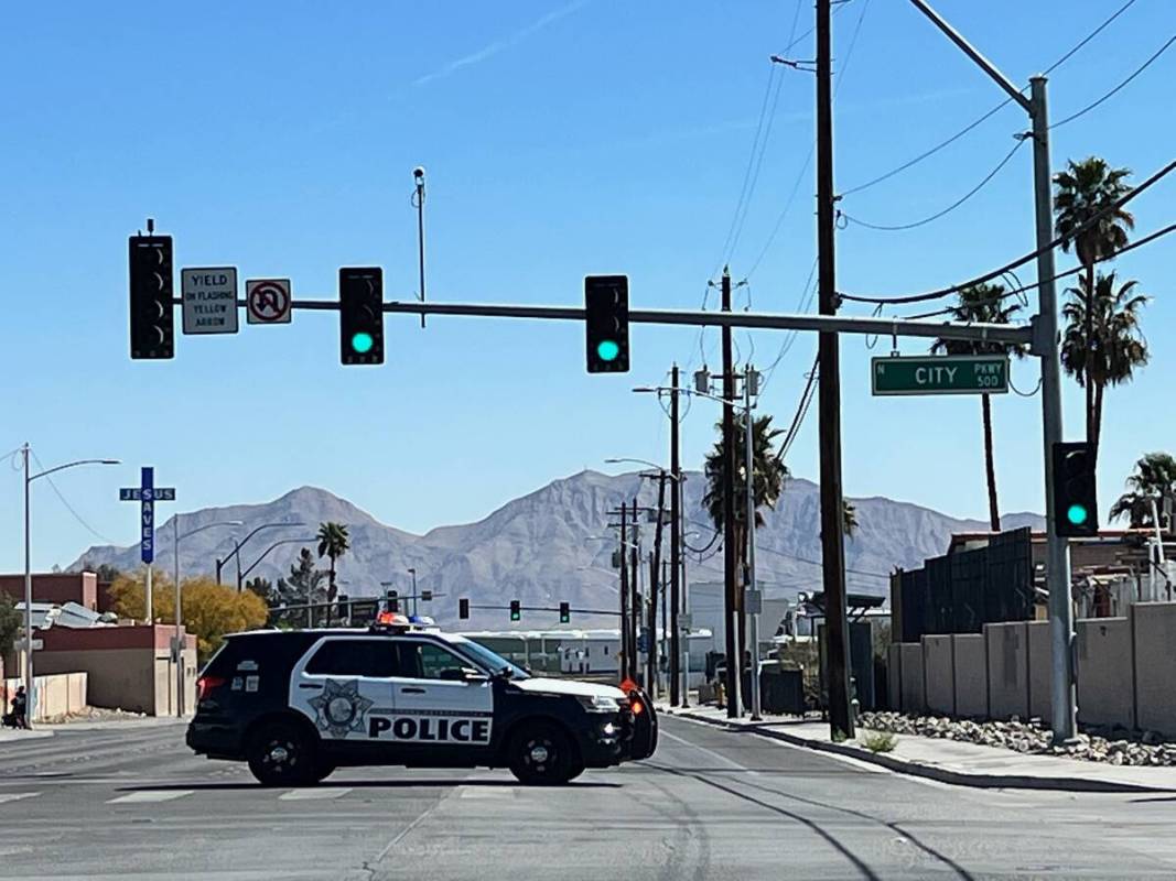 Las Vegas police investigate a shooting that took place near Interstate 15 and D Street, Friday ...