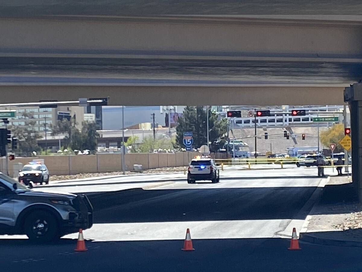 Las Vegas police investigate a shooting that took place near Interstate 15 and D Street, Friday ...