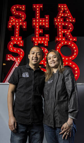 Co-owners Andy Kao and Cindy Sun at Slaters 50/50 on March 23, 2022, in Las Vegas. (Benjamin Ha ...