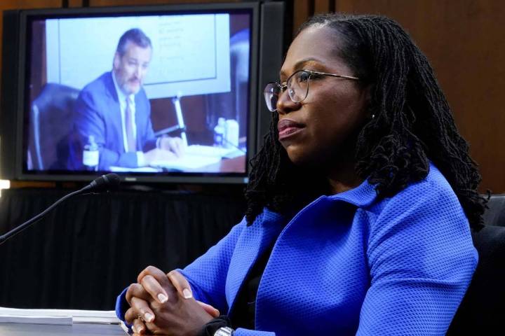 Supreme Court nominee Ketanji Brown Jackson listens as Sen. Ted Cruz, R-Texas, speaks duri ...