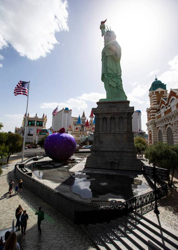 The fountain at the New York-New York is seen drained of water on Monday, March 28, 2022, in La ...