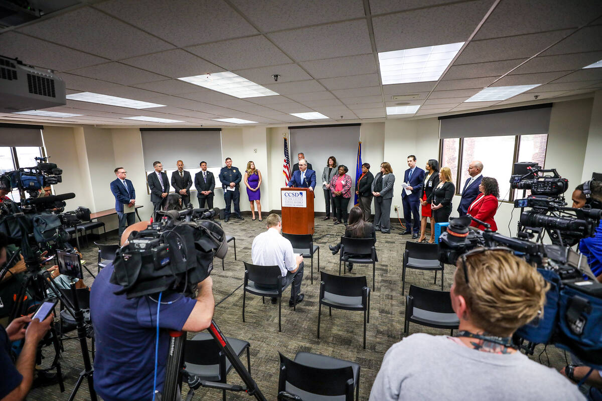 Clark County School District Superintendent Dr. Jesus Jara addresses the media during a press c ...