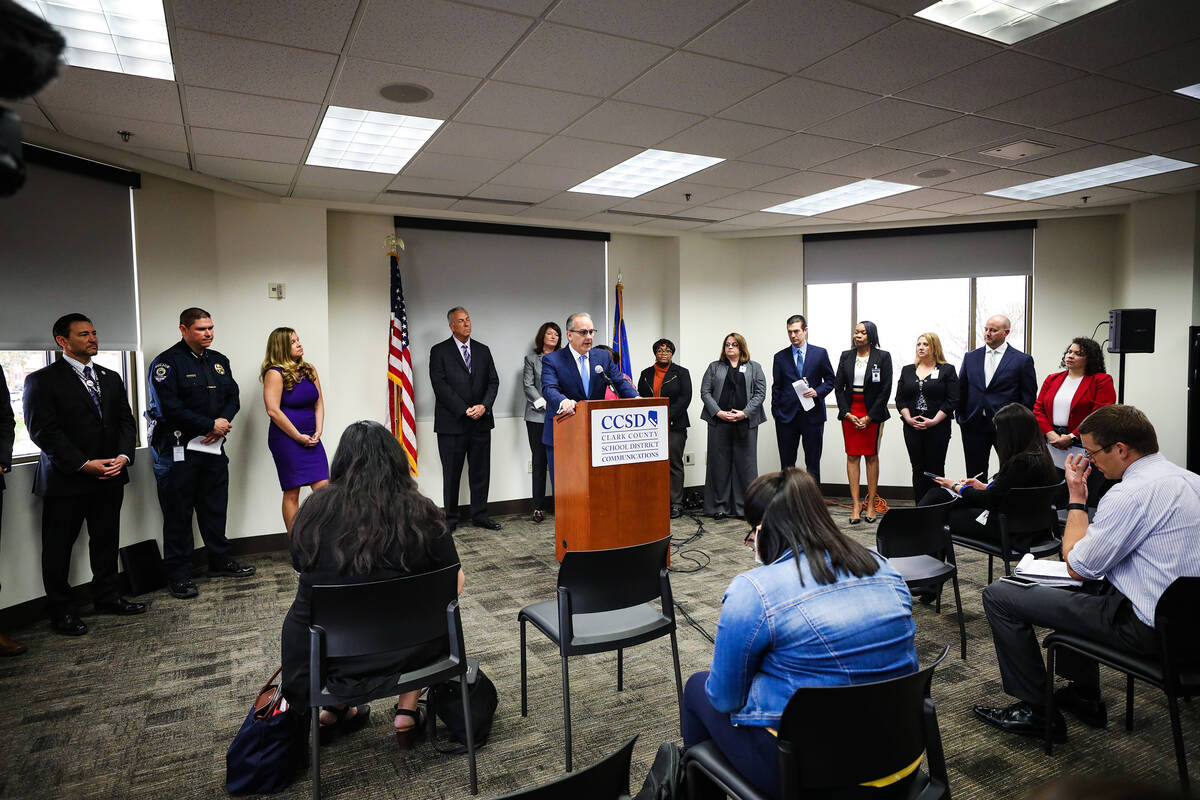 Clark County School District Superintendent Dr. Jesus Jara addresses the media during a press c ...