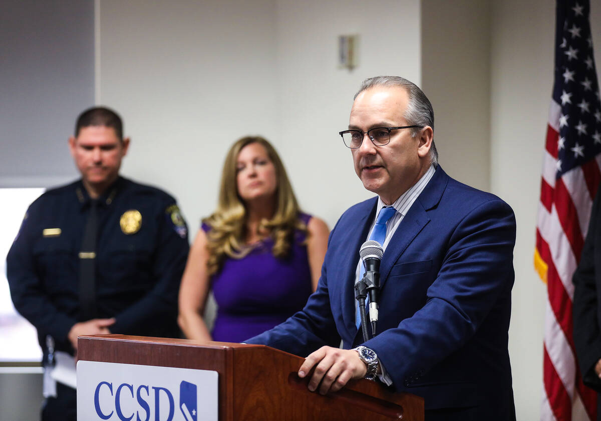 Clark County School District Superintendent Dr. Jesus Jara addresses the media during a press c ...