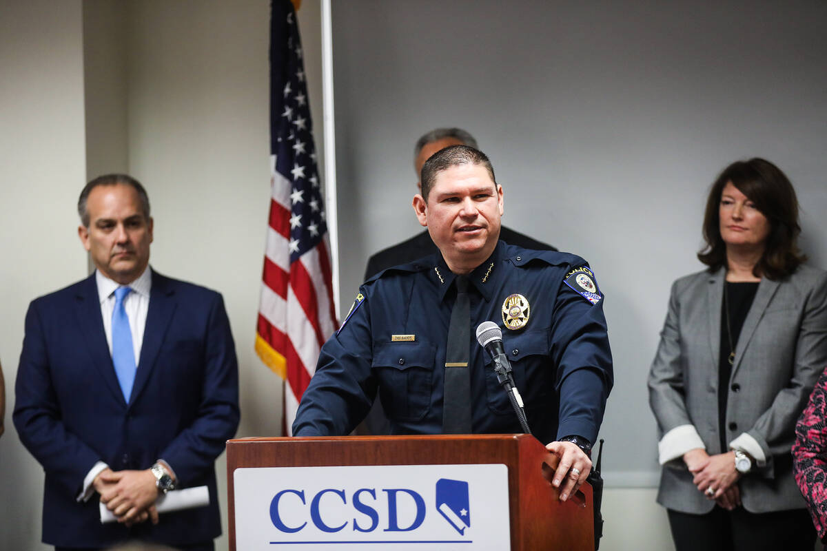 Clark County School District Police Chief Henry Blackeye addresses the media during a press con ...