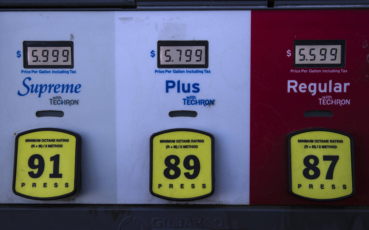 Gas prices are posted at Chevron on Tuesday, March 29, 2022, in Las Vegas. (Bizuayehu Tesfaye/L ...