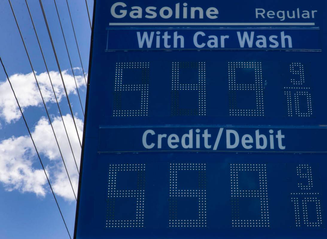 Gas prices are posted at Chevron on Tuesday, March 29, 2022, in Las Vegas. (Bizuayehu Tesfaye/L ...