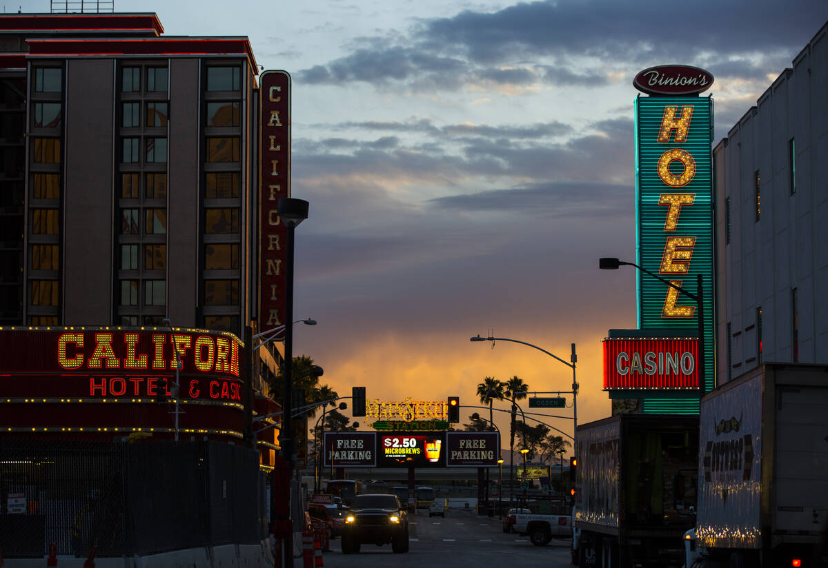 A view of the California Hotel and Binion's at sunrise in downtown Las Vegas on Tuesday, May 7, ...