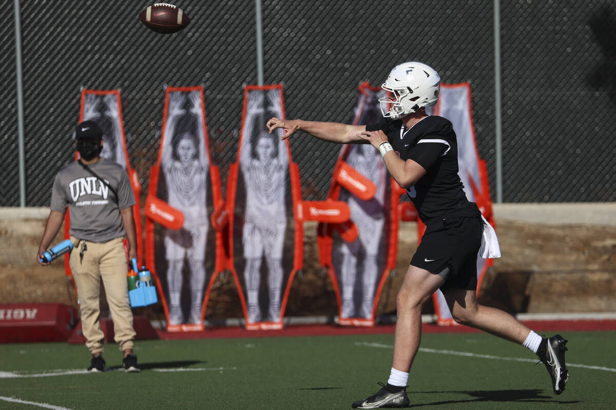 UNLV Rebels quarterback Harrison Bailey throws a pass during the first day of spring football p ...