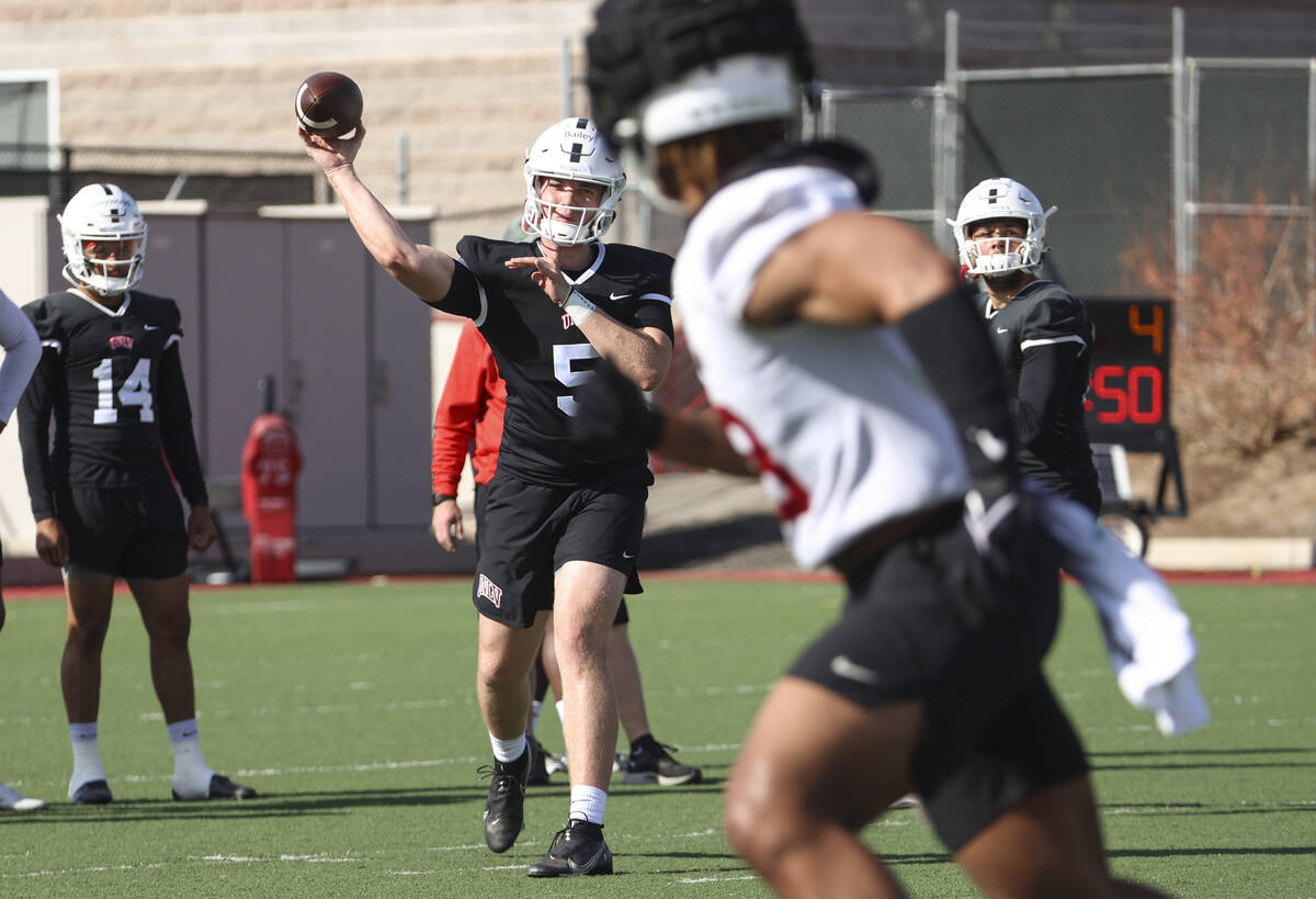 UNLV Rebels quarterback Harrison Bailey (5) throws a pass during the first day of spring footba ...