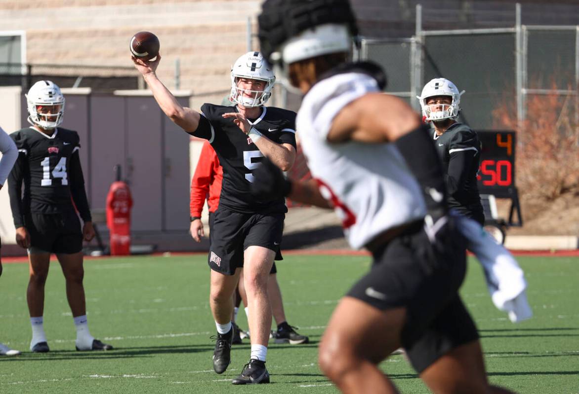 UNLV Rebels quarterback Harrison Bailey (5) throws a pass during the first day of spring footba ...