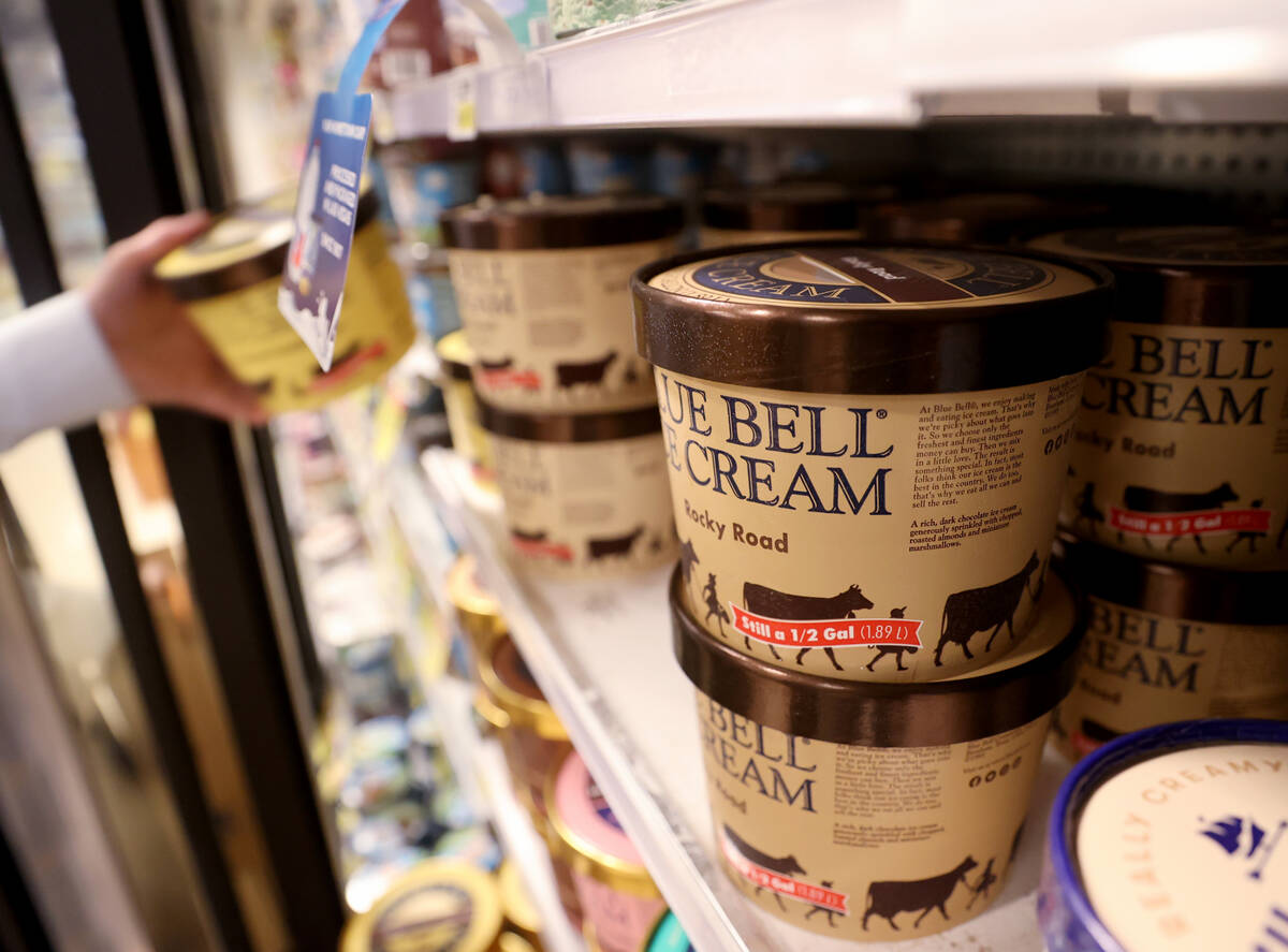 Blue Bell Creameries executives stock ice cream on shelves at an Albertsons grocery store in He ...