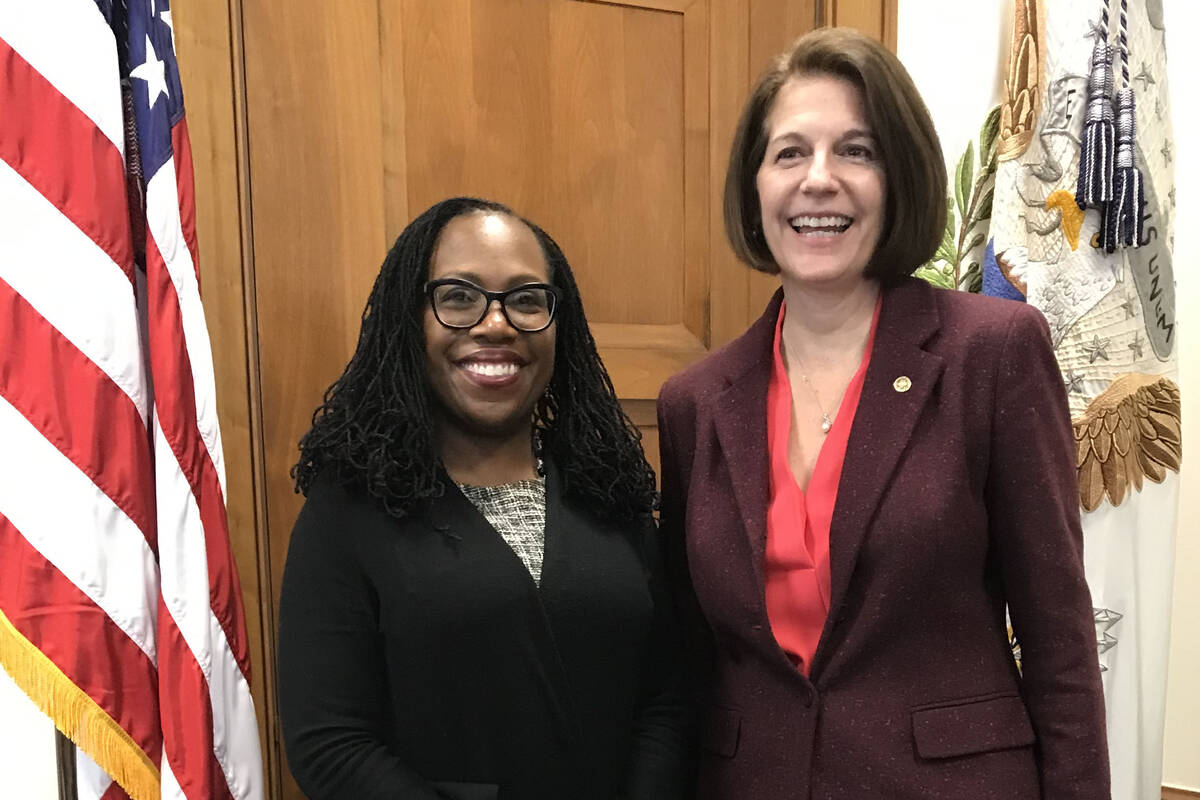 Supreme Court nominee Ketanji Brown Jackson, left, meets with Sen. Catherine Cortez Masto, D-Ne ...