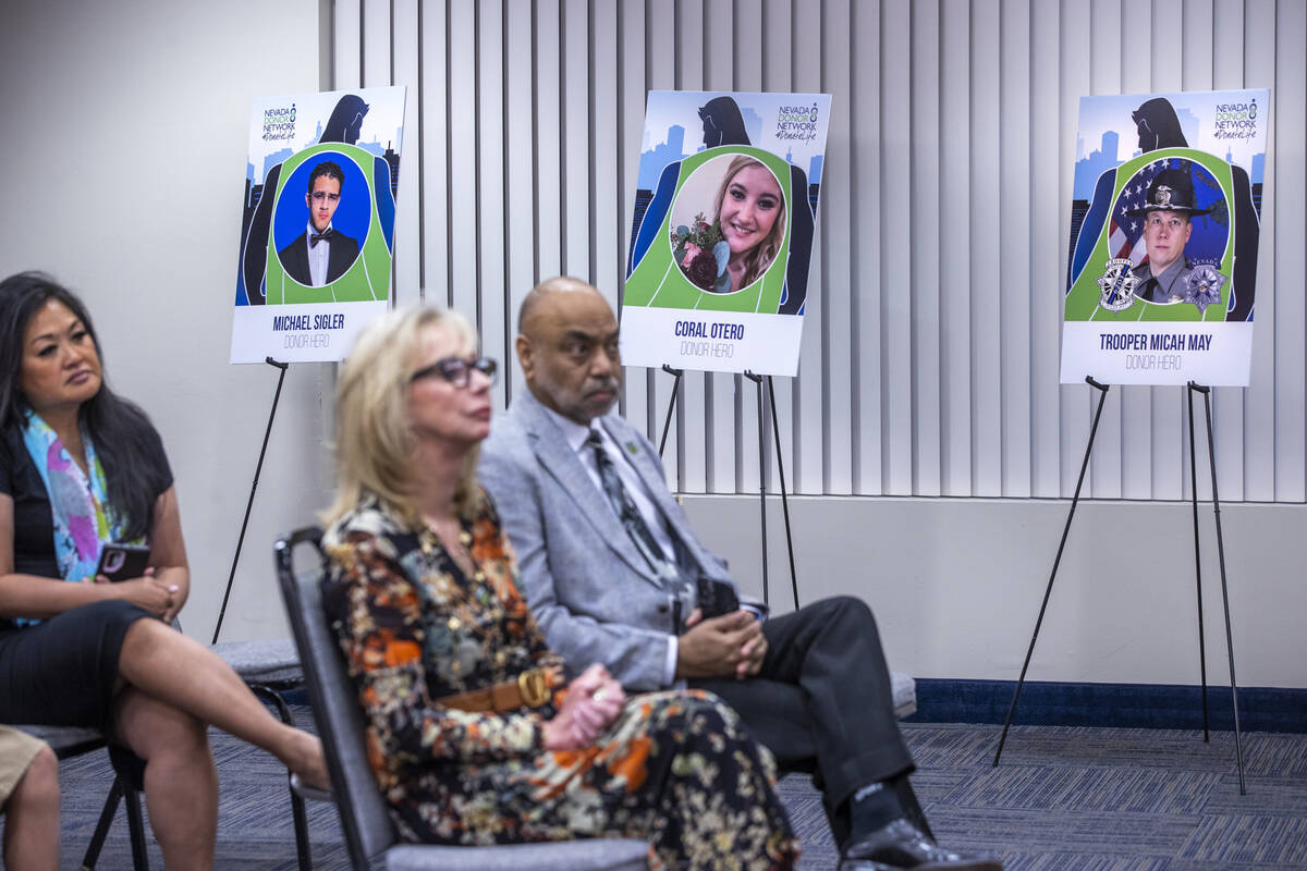 Organ donation individuals are displayed during a press conference encouraging Nevadans to beco ...