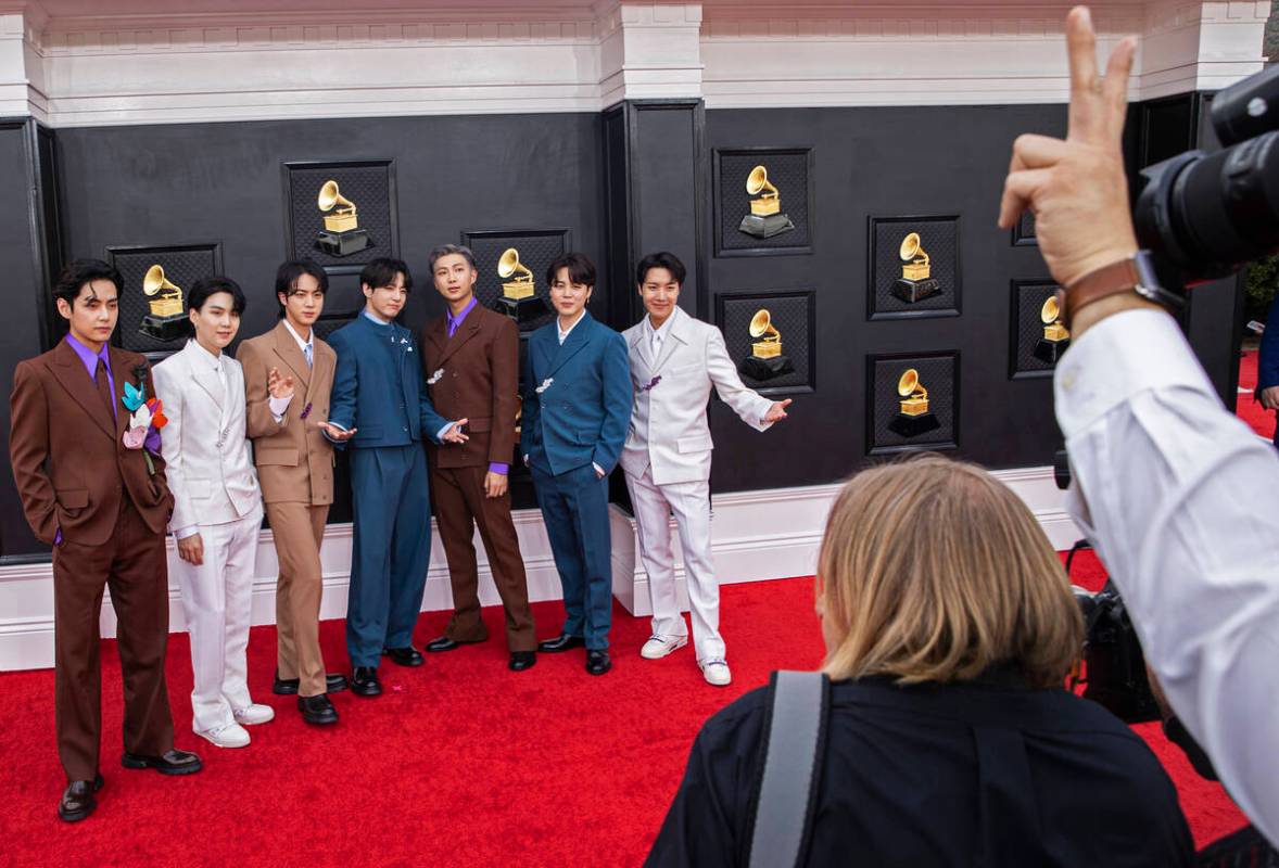 BTS on the red carpet before the start of the 2022 Grammy Awards on Sunday, April 3, 2022, at t ...