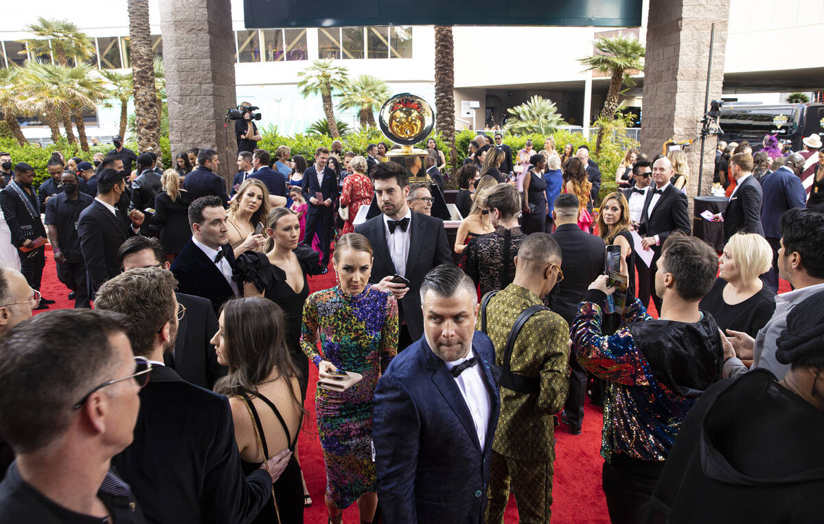 The red carpet is packed before the start of the 2022 Grammy Awards on Sunday, April 3, 2022, a ...
