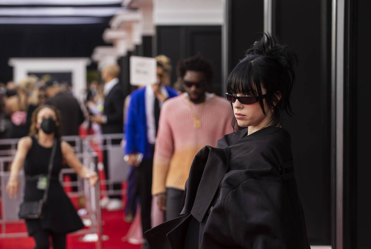 Billie Eilish on the red carpet before the start of the 2022 Grammy Awards on Sunday, April 3, ...