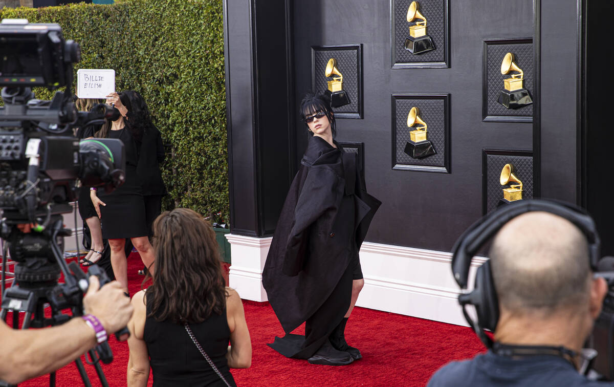 Billie Eilish on the red carpet before the start of the 2022 Grammy Awards on Sunday, April 3, ...